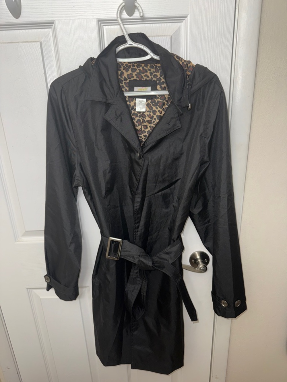Capelli of New York Black Trench Coat with Leopard Lining